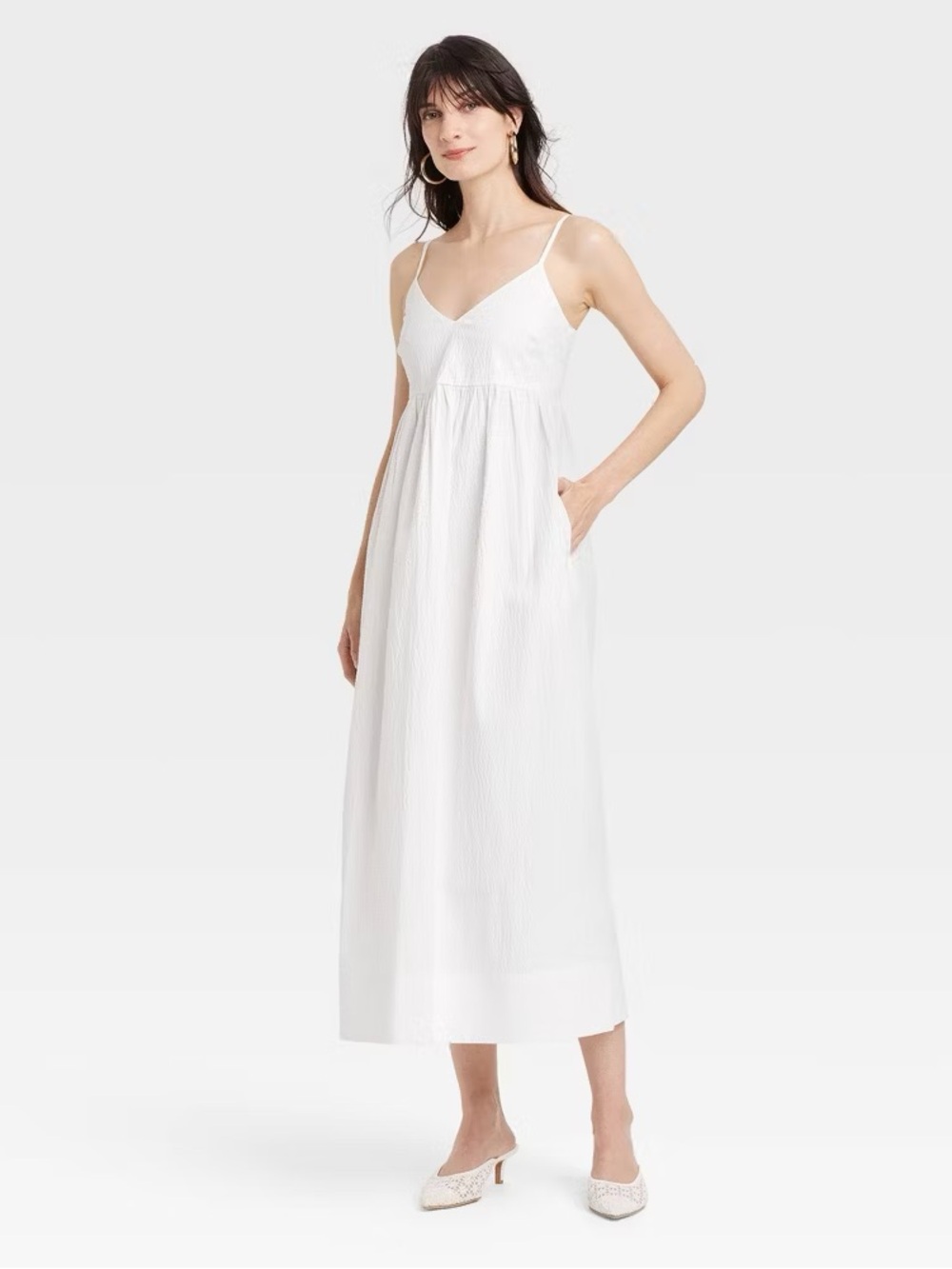 White Spaghetti Seersucker Strap Maxi Dress